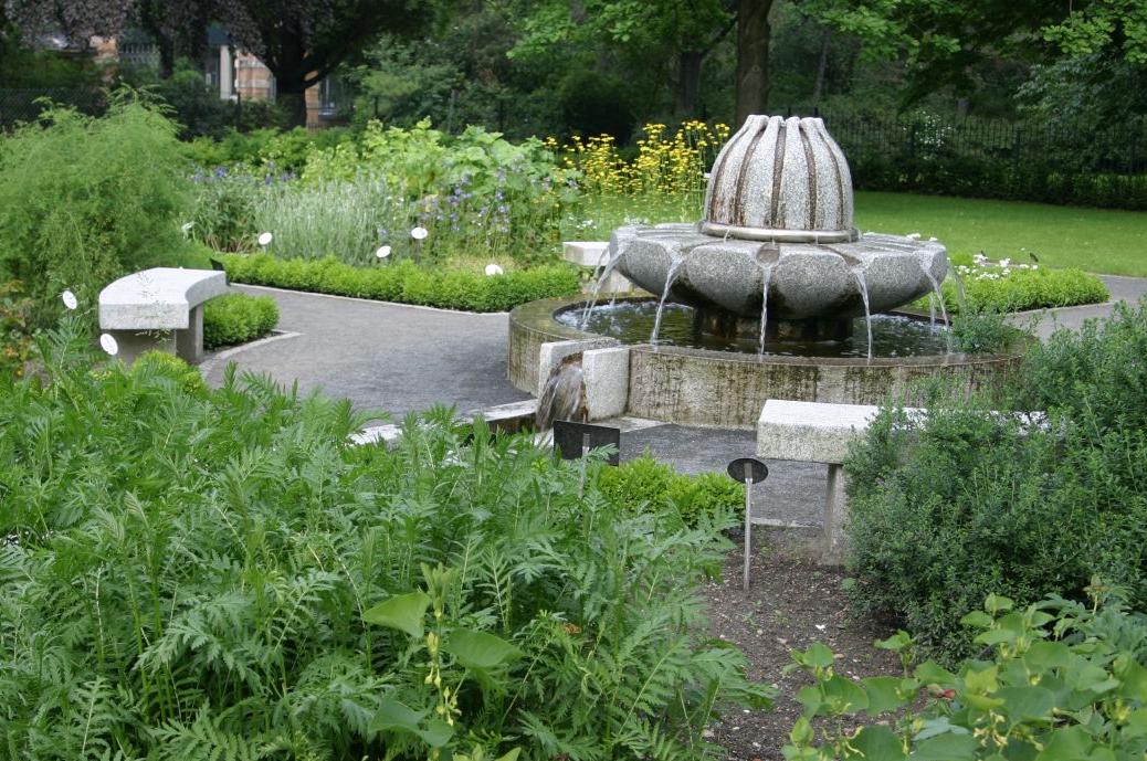 enlarge the image: Springbrunnen umgeben von Pflanzen im Apothekergarten im Friedenspark
