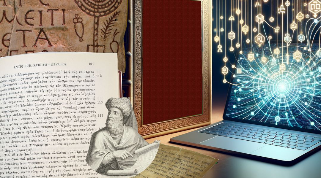 Ein Buch, ein Laptop mit einem Netzwerkmuster, antike Schriften und ein Bild von Philo übereinandergelegt als Collage, Bild: Nicole Oesterreich