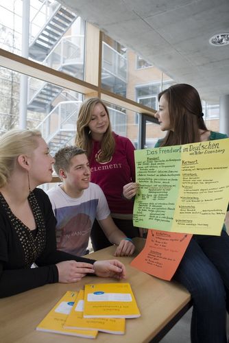 Four students are together and explain a poster