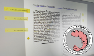 Im Logo von SHRIMP_PODS ist ein Shrimp vor einem Beispieldokument (PDF-Datei) abgebildet. Dazu der Text "SHRIMP_PODS Social Hypertext @ Nationale Bildungsplattform"