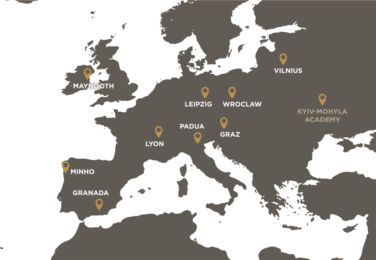 enlarge the image: Simple map of the outline of Europe with pins marking the Arqus partner universities.