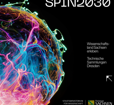 Kampagnengrafik: SPIN 3000, Eine in Neonfarben leuchtende Kugel und die Rahmendaten des Wissenschaftsfestivals auf schwarzem Hintergrund