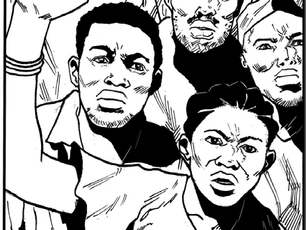 Comiczeichnung i S/W, zeigt vier Menschen mit wütender Mimik und erhobenen Fäusten
