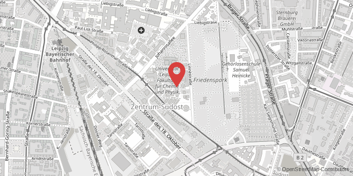 the map shows the following location: Faculty of Physics and Earth System Sciences, Linnéstraße 5, 04103 Leipzig