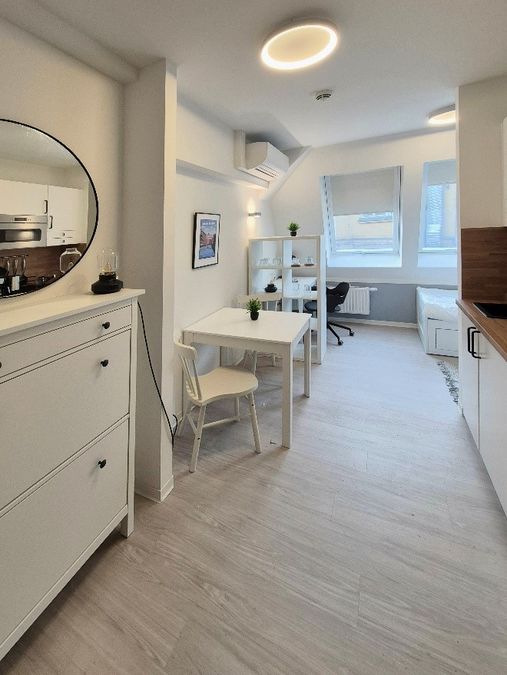 enlarge the image: Small apartment with air conditioning, two large skylights, an entry area with a shelf and mirror, a kitchenette, a small dining table with two chairs, and a workspace. Photo: Thomas Biermann