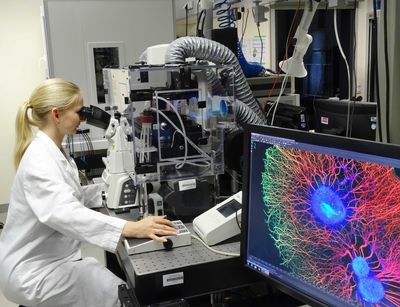 Foto: Eine Frau im Laborkittel sitzt vor einem Superresolutionsmikroskop am Biotechnologisch-Biomedizinischen Zentrum