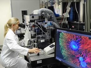 Foto: Eine Frau im Laborkittel sitzt vor einem Superresolutionsmikroskop am Biotechnologisch-Biomedizinischen Zentrum