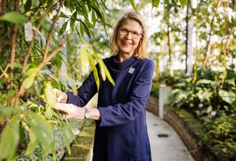 Das Bild zeigt Kanzlerin Birgit Dräger an einem ihrer Lieblingsplätze an der Universität - im Gewächshaus des Botanischen Gartens. 