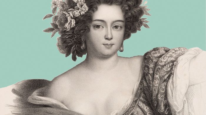 Plakatmotiv für die Ausstellung Blütenlese, Gemälde zeigt Sophie Dorothea, Kurprinzessin von Hannover als Flora, Kleid und das lockige Haar sind mit Blumen geschmückt