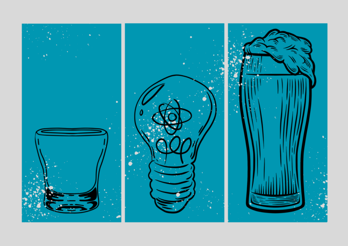 Grafik: blauer Hintergrund, Strichzeichnung, links ein Whiskeyglas, Mitte eine Glühbirne, rechts ein Bierglas