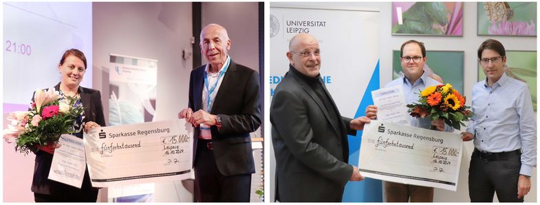 PD Dr. Barbara Madlen Jentzsch bekam den Helga-Reifert-Preis von Dr. Bernward Gall, Vorstand der Helga-Reifert-Stiftung, überreicht. (linkes Bild). PD Dr. Patrick Blum (Mitte rechtes Bild) erhielt die Auszeichnung von Prof. Ingo Bechmann (l.), Dekan der Medizinischen Fakultät und Prof. Daniel Seehofer, Geschäftsführender Direktor der Klinik für Viszeral-, Transplantations-, Thorax- und Gefäßchirurgie am Universitätsklinikum Leipzig. Fotos: Ina Würfel
