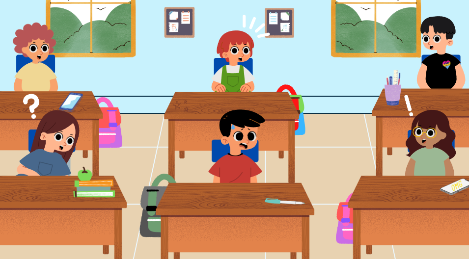 zur Vergrößerungsansicht des Bildes: Das Bild zeigt einen Ausschnitt aus dem DAWLS-Animationsvideo zum Thema "class". Abgebildet sind sechs Lernende an ihren Tischen in einem Klassenzimmer. Alle Personen scheinen andere Reaktionen auf eine gerade stattgefundene Situation zu haben.