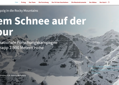 Forschungskommunikation multimedial aufbereitet: Die Universität Leipzig veröffentlicht bildreiche Story zur Schneefallforschung. Screenshot: SUK Zu sehen ist ein Screenshot des Titels der Multimediastory.