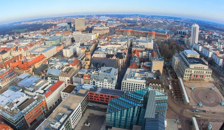 Blick vom Cityhochhaus auf Leibniz-Forum, Neues Augusteum, Audimax, Paulinum, Hörsaalgebäude, Seminargebäude
