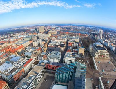Blick vom Cityhochhaus auf Leibniz-Forum, Neues Augusteum, Audimax, Paulinum, Hörsaalgebäude, Seminargebäude