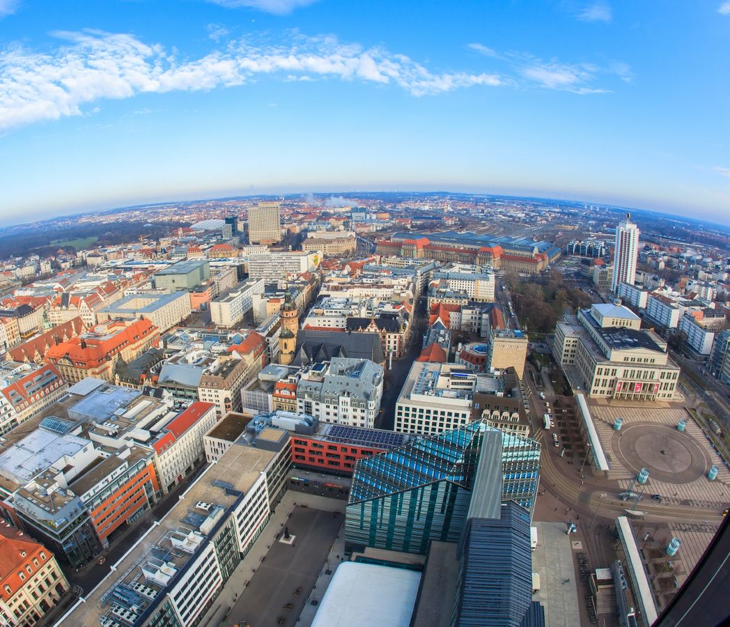 enlarge the image: Blick vom Cityhochhaus auf Leibniz-Forum, Neues Augusteum, Audimax, Paulinum, Hörsaalgebäude, Seminargebäude