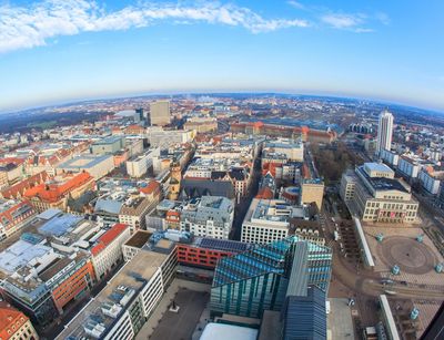 Blick vom Cityhochhaus auf Leibniz-Forum, Neues Augusteum, Audimax, Paulinum, Hörsaalgebäude, Seminargebäude