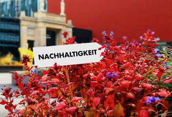 Zu sehen ist das Leibniz-Forum der Universität Leipzig, im Vordergrund ein Schild mit der Aufschrift "Nachhaltigkeit".