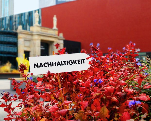 Zu sehen ist das Leibniz-Forum der Universität Leipzig, im Vordergrund ein Schild mit der Aufschrift "Nachhaltigkeit".