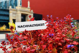 Zu sehen ist das Leibniz-Forum der Universität Leipzig, im Vordergrund ein Schild mit der Aufschrift "Nachhaltigkeit".