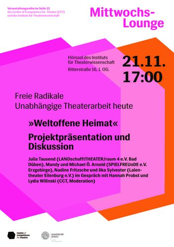 ein farbiges Plakat mit orange-pinken Untergrund, der Veranstaltungtitel "Weltoffene Heimat" Projektrückblick und Diskussion sowie die Beteiligten und Veranstaltungsort und Zeit angibt.