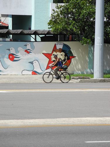 Hier sieht man einen mann auf einem Fahrrad, welcher vor einer bemalten Wand vorbeifährt. Die Wand zeigt Camilo, Che und Fidel.