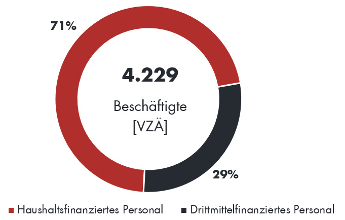 Kreisdiagramm: von 4229 Vollzeitarbeitskräften sind 71 Prozent über den Haushalt der Hochschule finanziert und 29 Prozent werden durch Drittmittel finanziert.