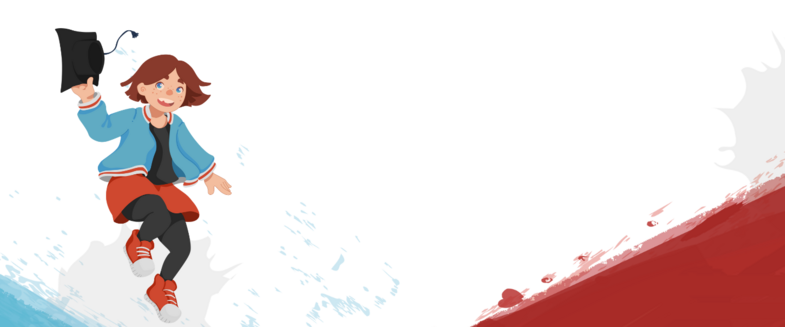 Illustration: Aquarellzeichnung im Hintergrund mit roter und blauer Farbfläche. Im Vordergrund eine kindliche Figur, die in die Luftspringt