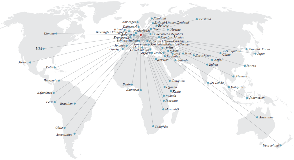 zur Vergrößerungsansicht des Bildes: Weltkarte mit Punkten zu Partneruniversitäten