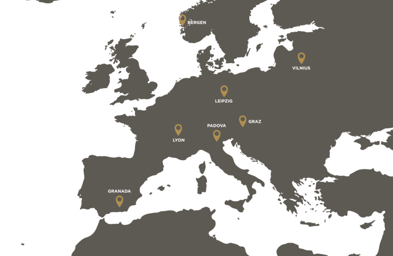 Europakarte, es sind die Mitglieder der Arqus-Allianz eingezeichnet: Bergen, Granada, Graz, Leipzig, Lyon, Padua, Vilnius, Breslau und Minho