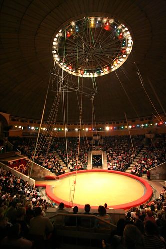 Zu sehen ist Publikum in um eine Manege in einem Zirkuszelt.
