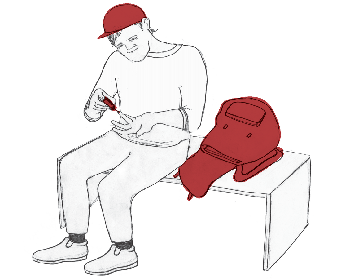 zur Vergrößerungsansicht des Bildes: Zeichnung: Ein Student bestimmt invasiv seinen Blutzucker mithilfe eines Messgeräts.