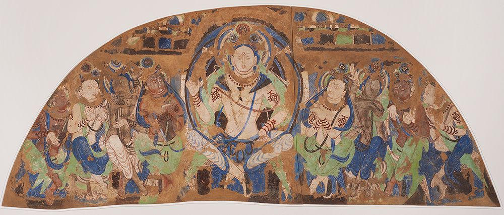zur Vergrößerungsansicht des Bildes: Höhlenmalerei in einer der Tausend-Buddha-Höhlen von Kizil im Uigurischen Autonomen Gebiet Xinjiang, China.