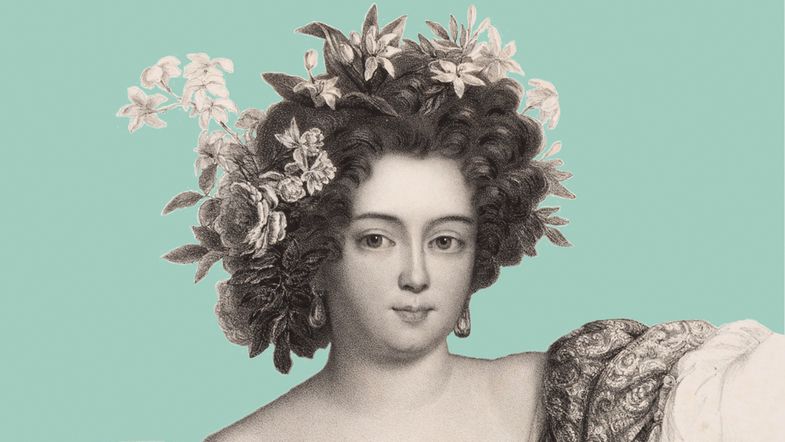 Grafische Abbildung einer Frau mit Blumen im Haar