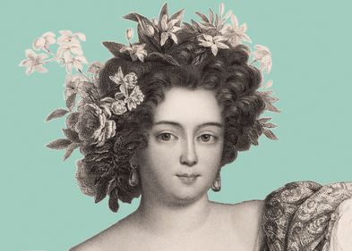 Grafische Abbildung einer Frau mit Blumen im Haar
