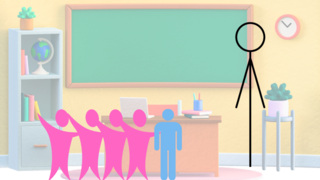 Der Screenshot zeigt eine Unterrichtssituation. Zu sehen sind eine Lehrperson und mehrere Schüler*innen. Dabei sind vier Schüler*innen als pinke Figuren und eine Person als blaue Figur dargestellt. 