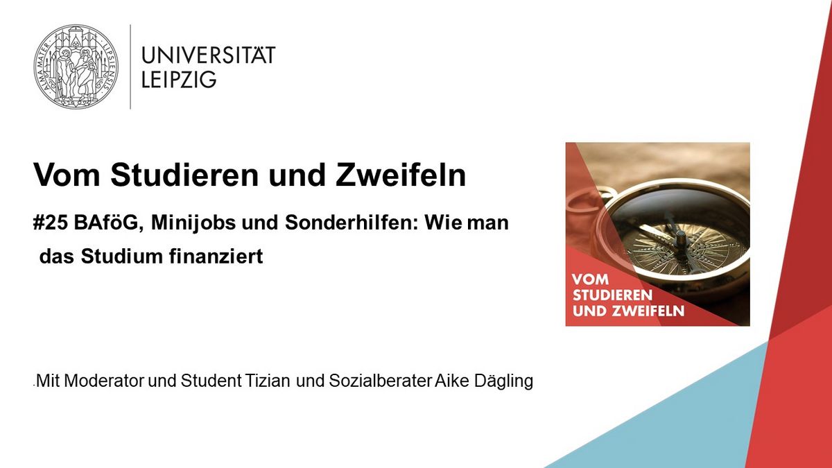 Vorschaubild zum Podcast "Vom Studieren und Zweifeln", Folge 25: BAföG, Nebenjobs und Sonderhilfen: Wie man sein Studium finanziert, Grafik: Universität Leipzig