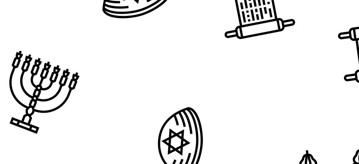 Illustrationen verschiedener Piktogramme die mit dem Judentum verbinden sind, wie beispielsweise eine Torarolle, eine Kippa oder eine Synagoge.