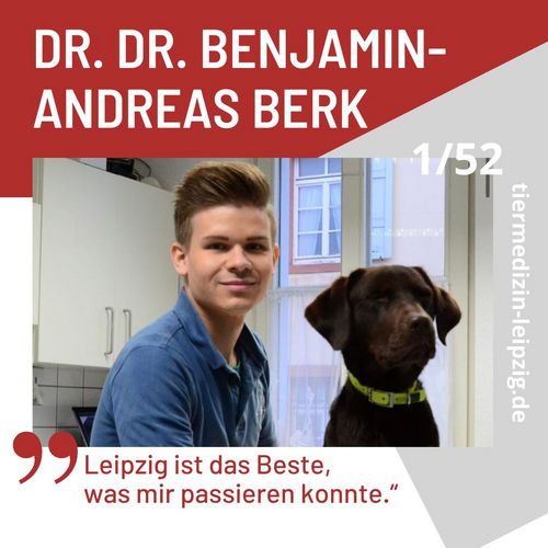 Auf dem Bild ist Alumnus Dr. Dr. Benjamin-Andreas Berk mit einem Hund zu sehen. 