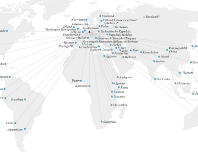 Weltkarte mit Markierung zu Orten, zu denen Partnerschaften bestehen