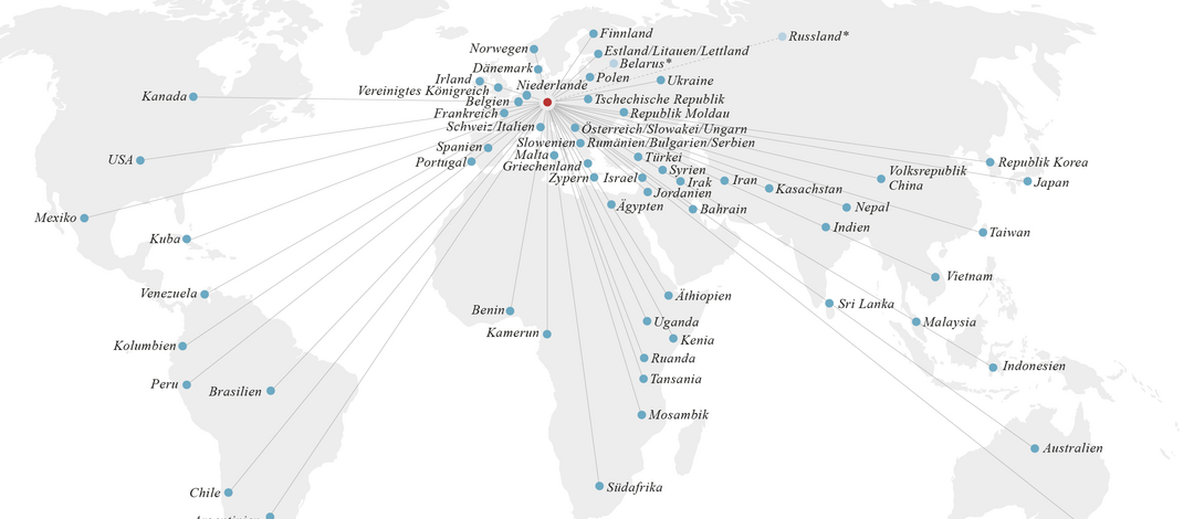 Weltkarte mit Markierung zu Orten, zu denen Partnerschaften bestehen
