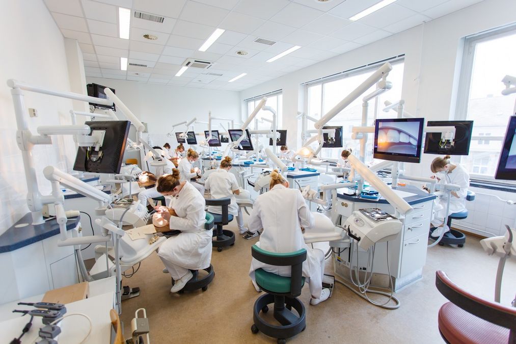 zur Vergrößerungsansicht des Bildes: Studierende der Zahnmedizin üben an Modellen im Labor