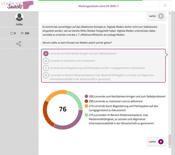 Bildschirmfoto der Software "Learning Snacks"