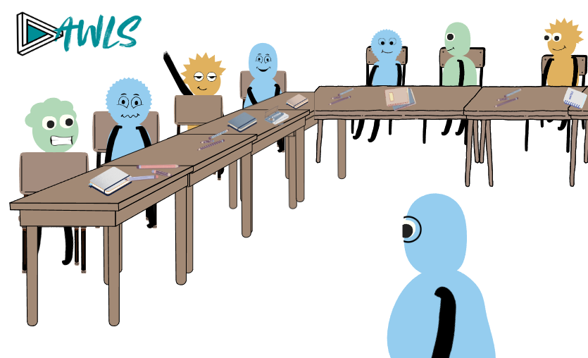 Screenshot einer animierten Klassenraumszene mit Kindern und der Lehrperson. In der oberen Ecke des Bildes ist das DAWLS-Logo abgebildet.