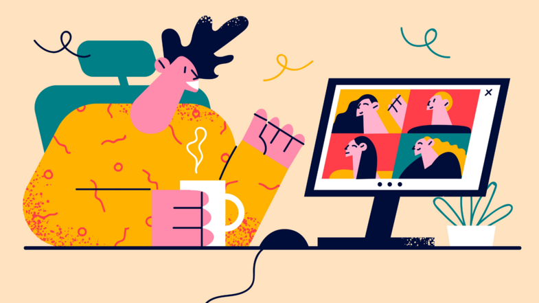 A colourful vector graphic. A person is sitting in front of a screen with a coffee cup in their hand. With the other hand, they wave to four other people who are looking at them from the screen.