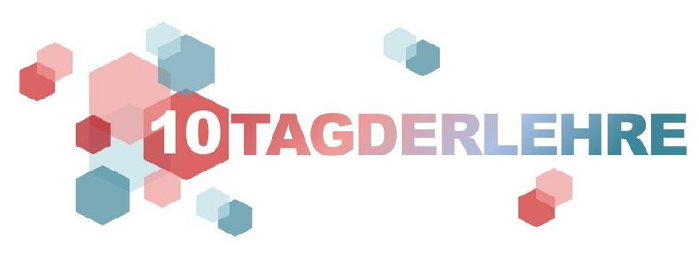 Grafik: Farbige sechsecke am linken Rand bilden ein zufälliges Muster. Mittig steht der Schriftzug "10. Tag der Lehre"