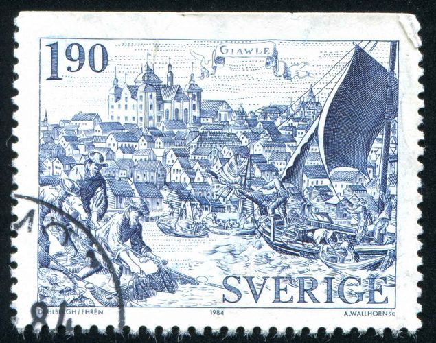 Historische Szene auf einer schwedischen Briefmarke. Das Fangpotenzial der Fischereiflotten in der fr&uuml;hen Neuzeit stand jenem der heutigen Fischerei in kaum etwas nach.