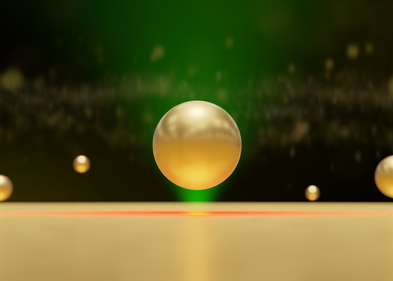 Illustration eines Goldnanopartikels, der durch hydrodynamische und van-der-Waals-Kräfte in der Nähe einer lokal erhitzten Goldoberfläche gefangen ist. Illustration eines Goldnanopartikels, der durch hydrodynamische und van-der-Waals-Kräfte in der Nähe einer lokal erhitzten Goldoberfläche gefangen ist.