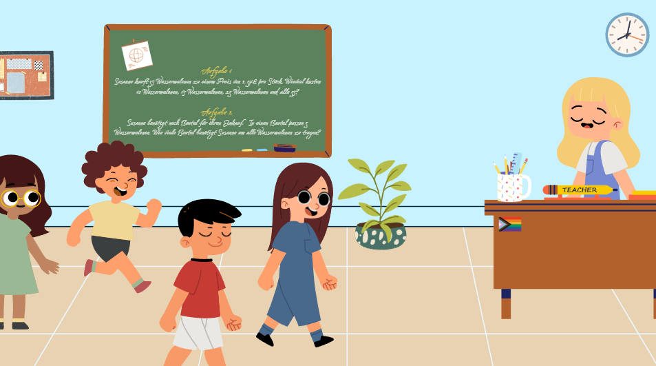enlarge the image: Das Bild zeigt einen Ausschnitt aus dem DAWLS-Animationsvideo zum Thema "class". Das Bild zeigt ein Klassenzimmer mit beschriebener Tafel, die Lehrperson und vier Lernende, die in den Raum kommen.