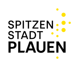 Computergrafik: Schwarze Schrift auf weißem Hintergrund "Spitzenstadt Plauen", rechts daneben sind gelbe Kreise in verschiedenen Größen angeordnet